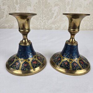Vintage Persian Enamel on Brass Candlestick Holders Set of 2 Floral Blue Gold